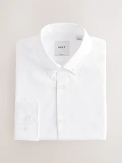 Formele Overhemden|Next Wit met knopen aan de kraag - Slim Fit - Strijkvrij net overhemd met enkele manchet