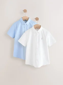 Shirts*Next Wit/blauw - Korte mouwen Oxford overhemden met hoog katoengehalte, 2 stuks verpakking (3-16jr)