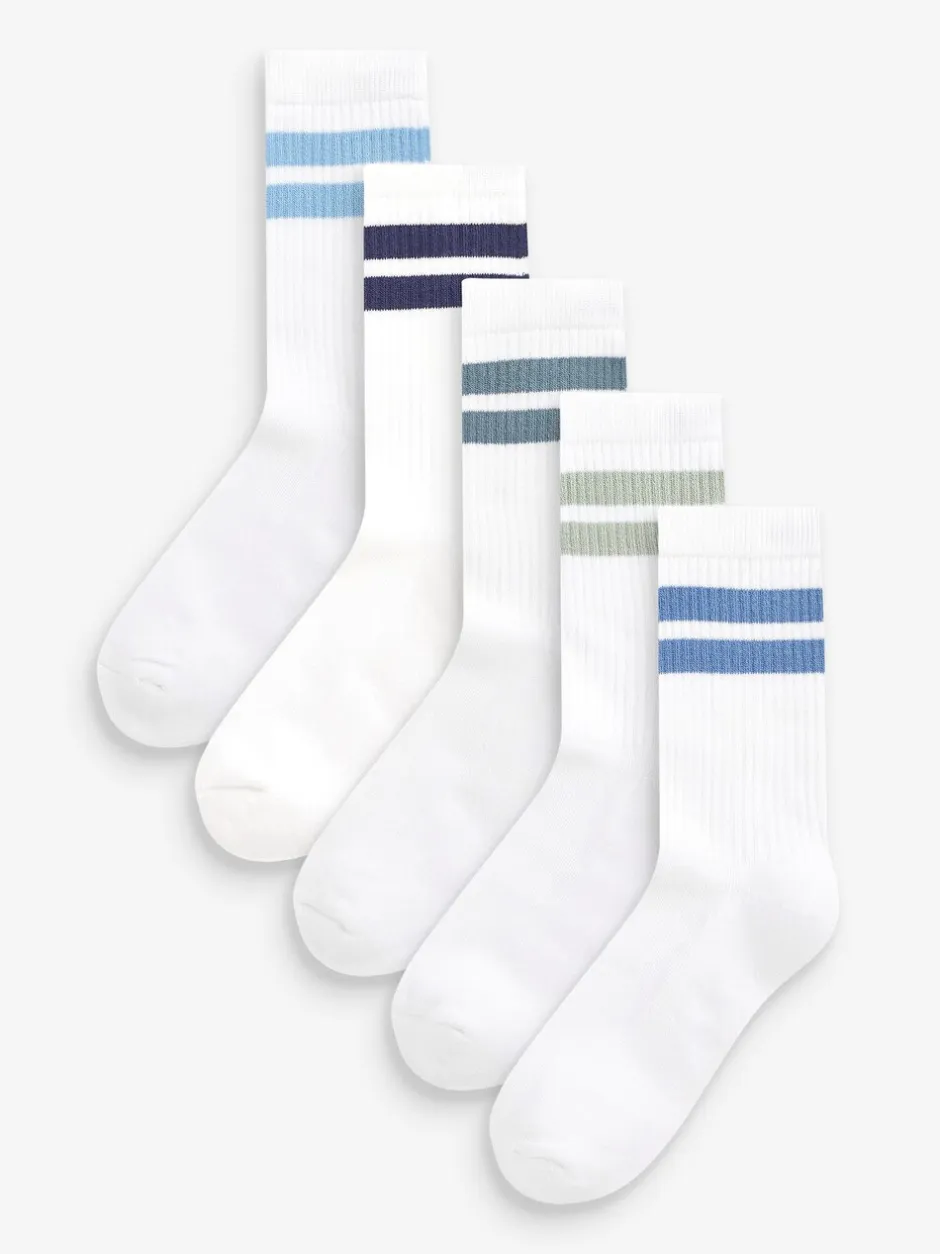 Sokken|Next Wit/blauw - Set van 5 paar geribbelde sokken met verzacht voetbed, katoengehalte en gekleurde boorden