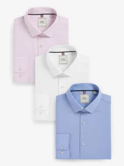 Shirts*Next - Slim Fit Easy Care Textured Single Cuff Smart Shirts 3 Pack Wit/blauw