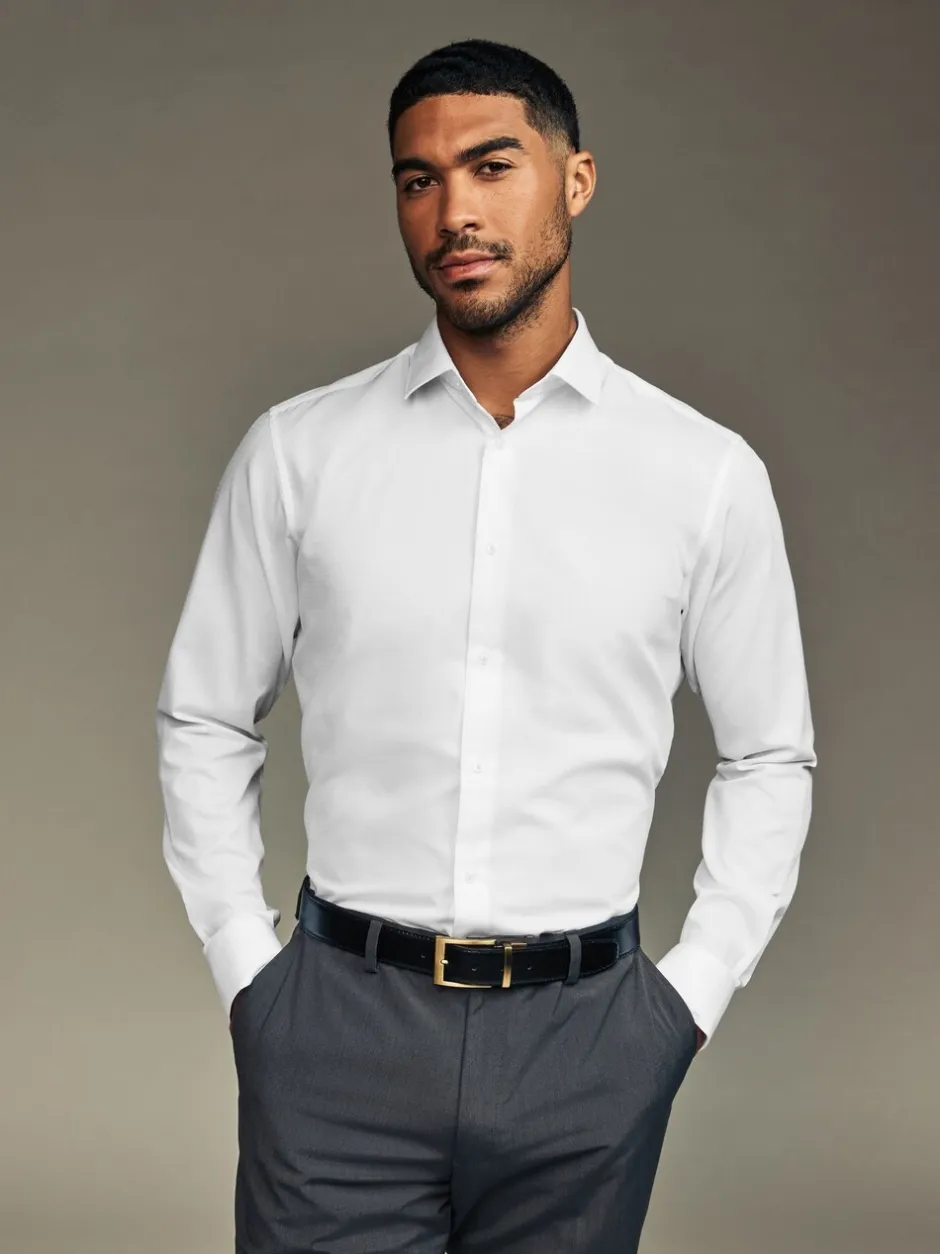 Shirts*Next - Slim Fit Easy Care Textured Single Cuff Smart Shirts 3 Pack Wit/blauw
