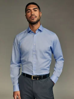 Shirts*Next - Slim Fit Easy Care Textured Single Cuff Smart Shirts 3 Pack Wit/blauw