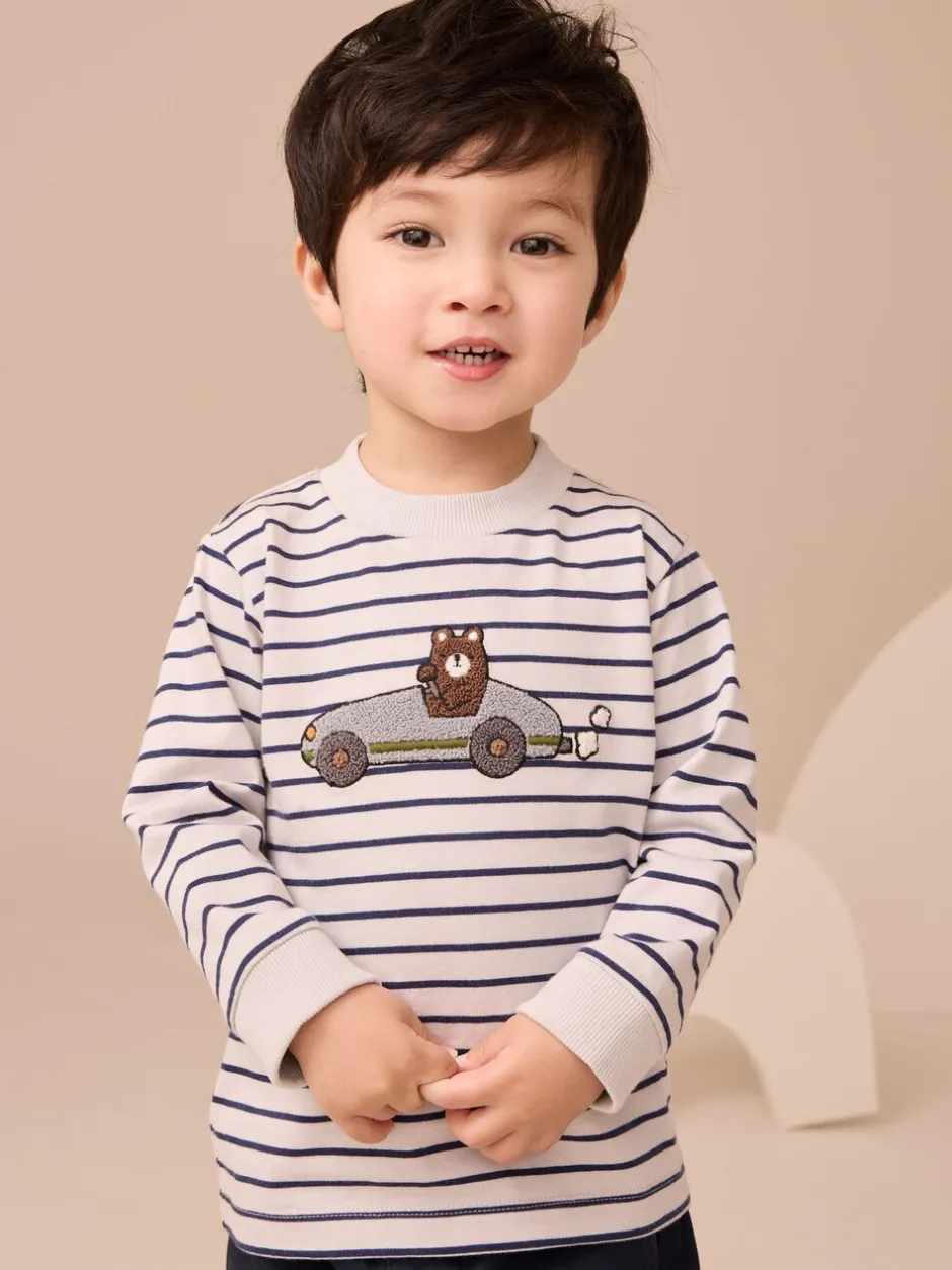 T-Shirts|Tops|Next Wit/blauw gestreepte berenauto - T-shirt met applicatie en lange mouwen (3 mnd-7 jr)