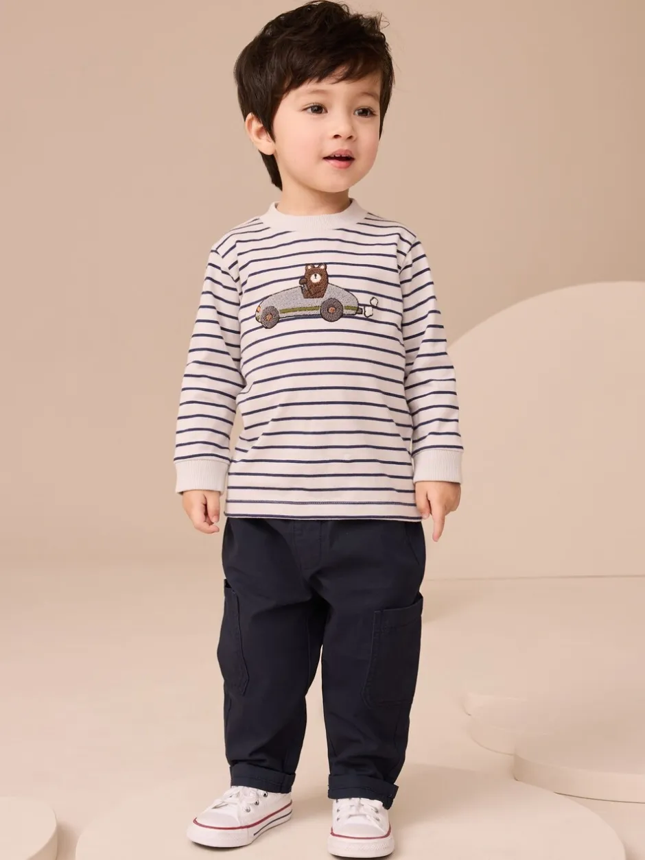 T-Shirts|Tops|Next Wit/blauw gestreepte berenauto - T-shirt met applicatie en lange mouwen (3 mnd-7 jr)