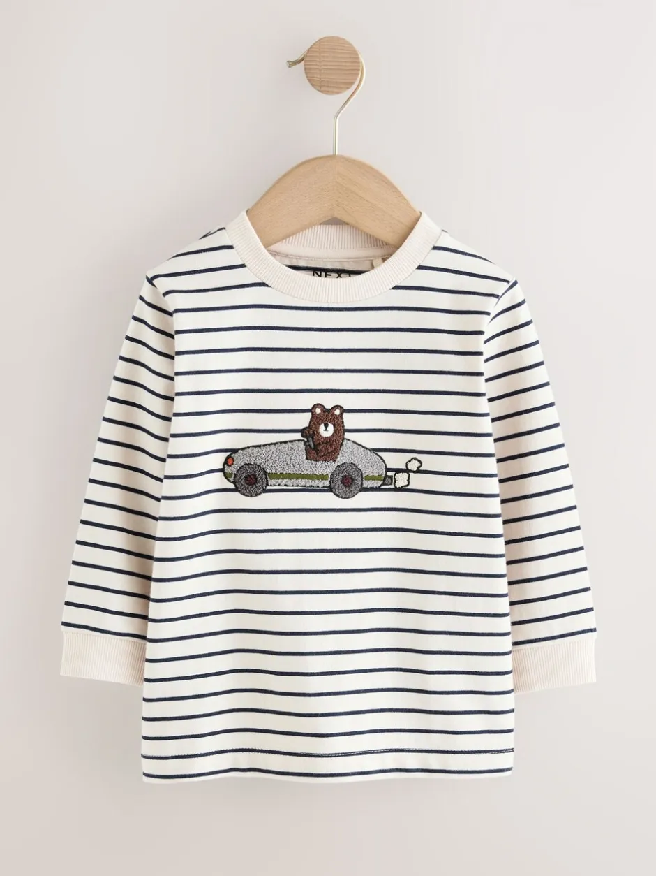 T-Shirts|Tops|Next Wit/blauw gestreepte berenauto - T-shirt met applicatie en lange mouwen (3 mnd-7 jr)