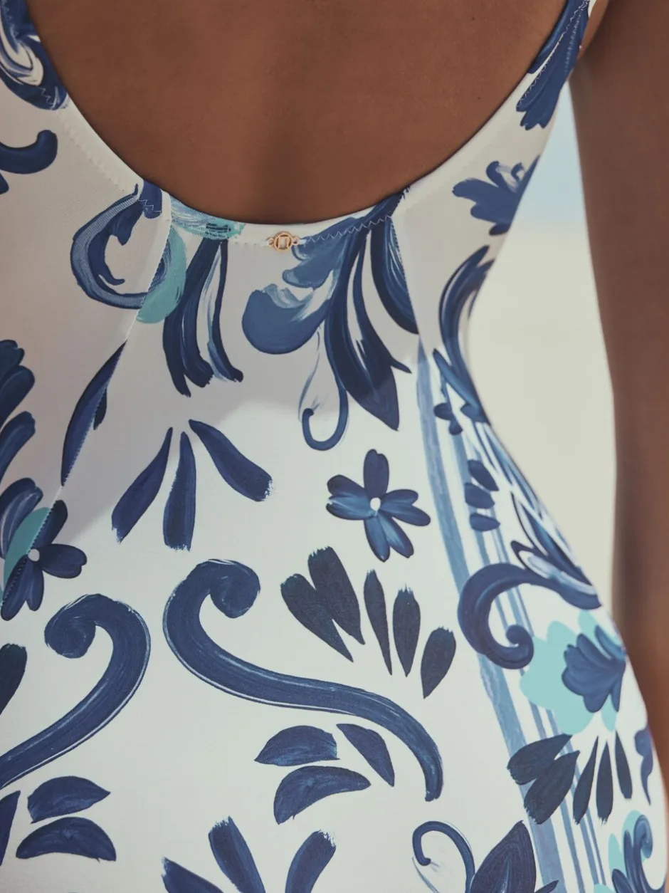 Badkleding|Next - Wrap Tummy Control Swimsuit Wit/blauw porselein
