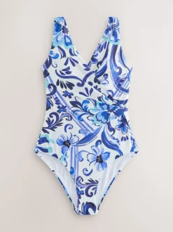 Badkleding|Next - Wrap Tummy Control Swimsuit Wit/blauw porselein