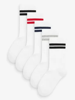 Sokken|Next Wit/blauw/rood - Set van 5 paar geribbelde sokken met verzacht voetbed, katoengehalte en gekleurde boorden