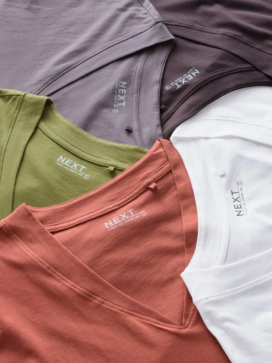 Tops En T-Shirts|Next Wit/grijs/khaki/roest/bruin - Set van 5 T-shirts met V-hals en kapmouwen van 100% katoen