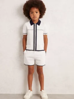Shorts*Reiss - Barbor Tipped Knit Stitch-Detail Shorts Wit/marineblauw