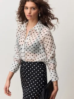 Blouses En Overhemden|Next - Overhemd met doorschijnende lange mouwen Wit/zwart met stippen