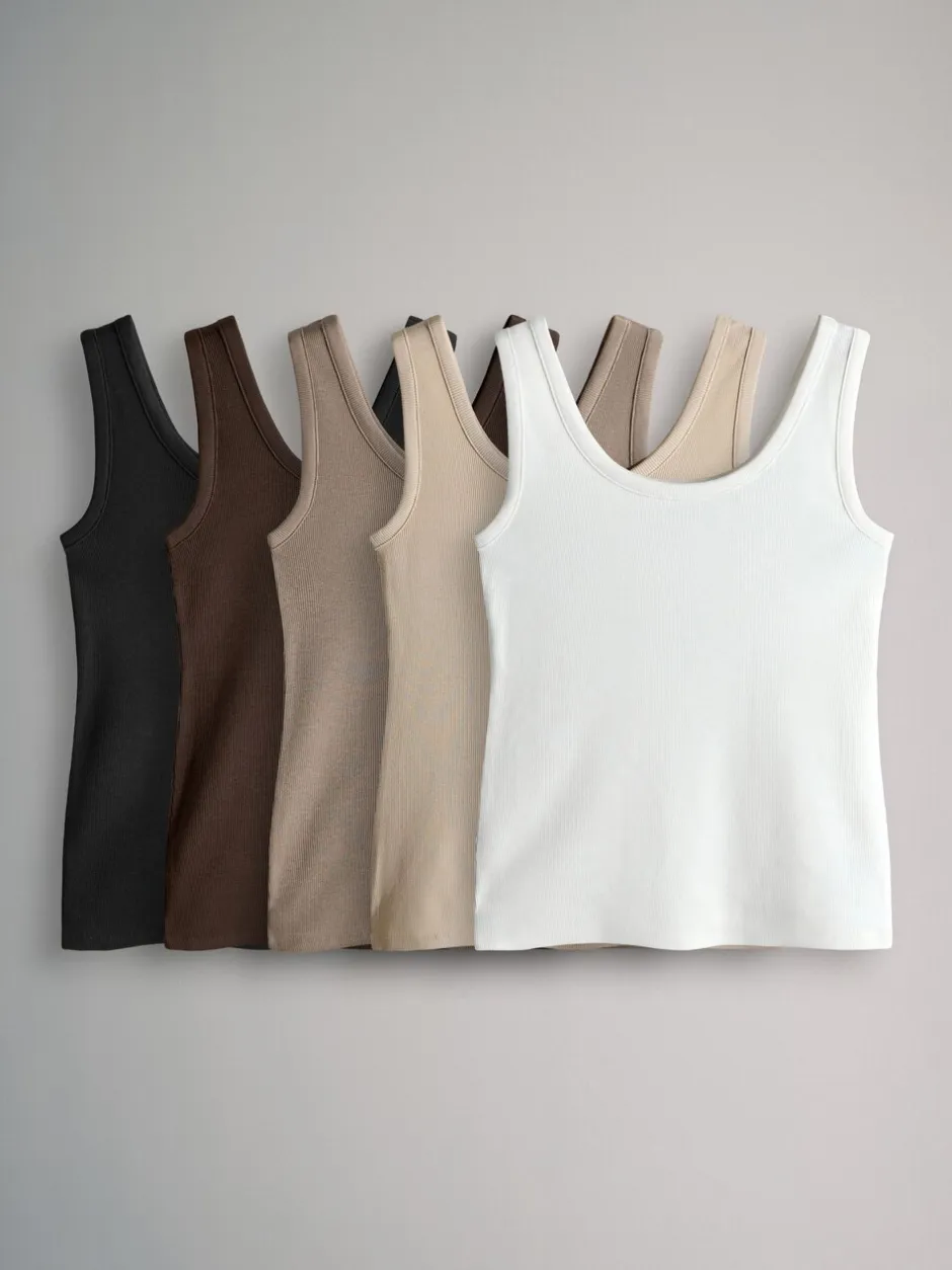 Tops En T-Shirts|Sportkleding*The Set - van 5 geribbelde ronde hals hemdjes Wit/Zwart/Bruin/Taupebruin/Naturel