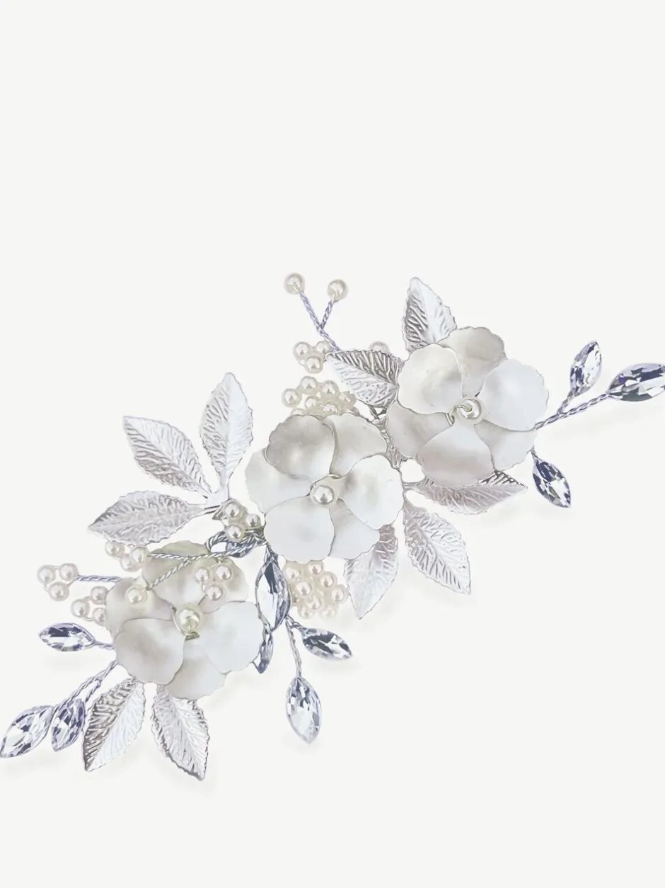 Haaraccessoires*Ivory & Co - - Gardenia klem met kristallen, parels en geëmailleerde bloem Zilver
