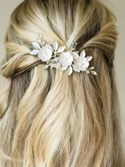 Haaraccessoires*Ivory & Co - - Gardenia klem met kristallen, parels en geëmailleerde bloem Zilver