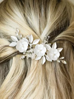 Haaraccessoires*Ivory & Co - - Gardenia klem met kristallen, parels en geëmailleerde bloem Zilver