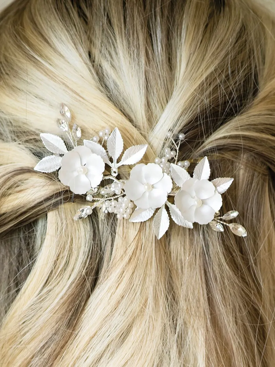 Haaraccessoires*Ivory & Co - - Gardenia klem met kristallen, parels en geëmailleerde bloem Zilver