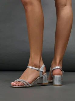 Schoenen Met Hakken*Linzi - Bunty sandals met blokhak en diamanté bandjes Zilver