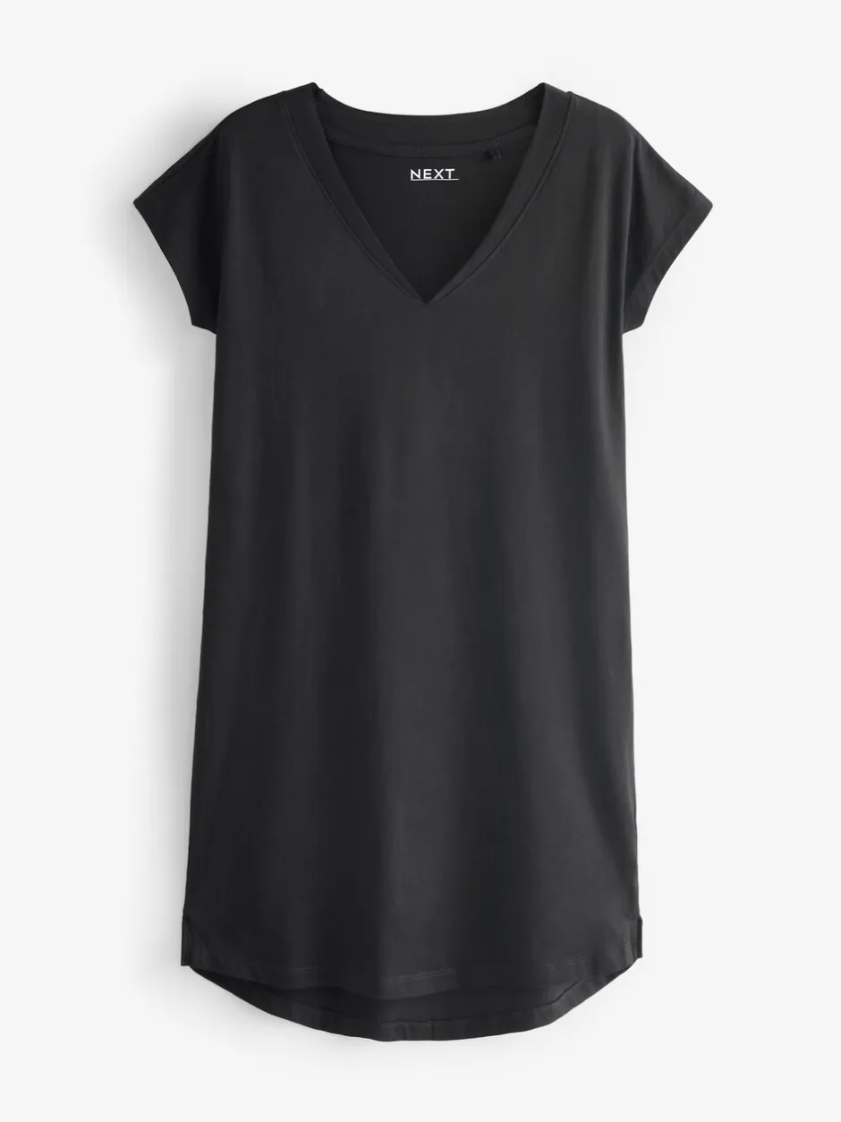 Jurken|Next - 100% katoenen mini-jurk met V-hals en kapmouwtjes Zwart