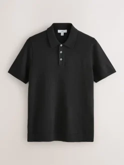 Gebreide Kleding|Poloshirts*Next - Aansluitend - Gebreid poloshirt met hoog katoengehalte en korte mouwen Zwart