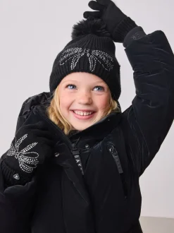 Mutsen, Handschoenen En Sjaals*Baker by Ted Baker - - Set van gebreide muts met strik, pompon en handschoenen met siersteentjes voor meisjes Zwart