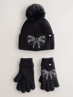 Mutsen, Handschoenen En Sjaals*Baker by Ted Baker - - Set van gebreide muts met strik, pompon en handschoenen met siersteentjes voor meisjes Zwart