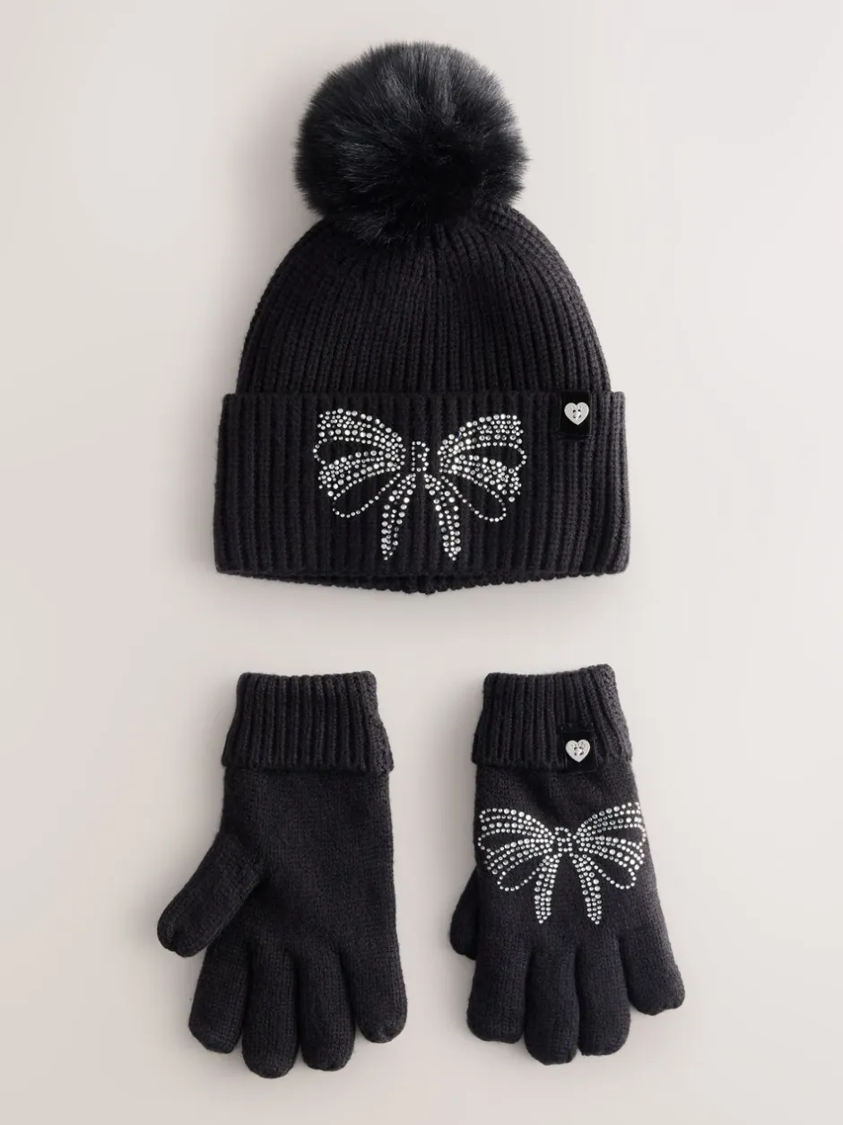 Mutsen, Handschoenen En Sjaals*Baker by Ted Baker - - Set van gebreide muts met strik, pompon en handschoenen met siersteentjes voor meisjes Zwart