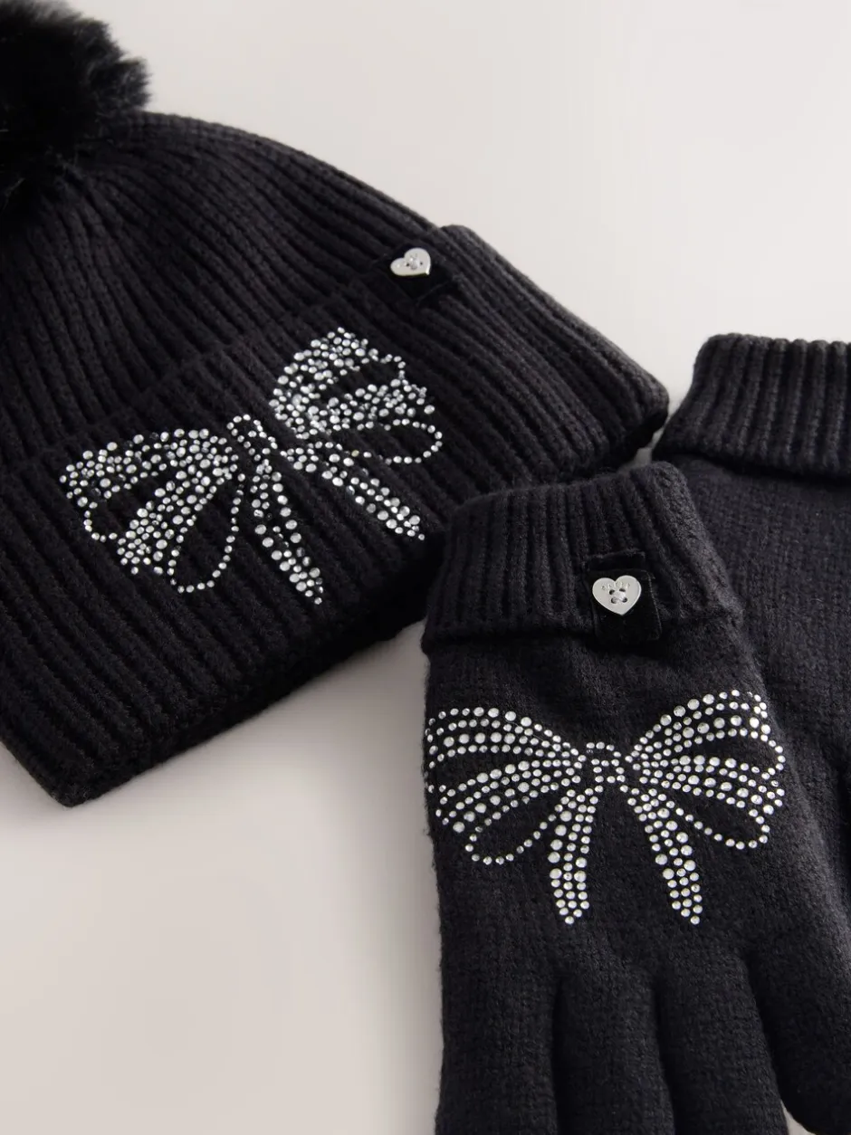 Mutsen, Handschoenen En Sjaals*Baker by Ted Baker - - Set van gebreide muts met strik, pompon en handschoenen met siersteentjes voor meisjes Zwart