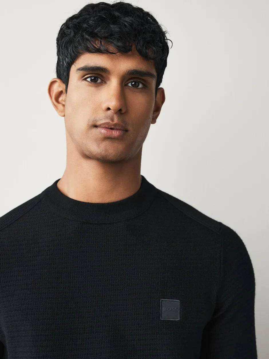 Gebreide Kleding|BOSS Zwart - Anion Regular Fit gebreide trui van kasjmierblend met logopatch