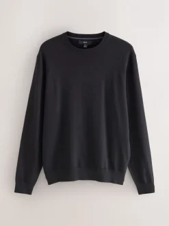 Gebreide Kleding|Next - Effen - Regular Fit Cotton Rich Crew Neck Jumper Zwart