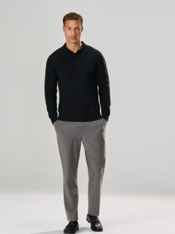 Gebreide Kleding|Poloshirts*Next - Effen - Regular Fit Essential Long Sleeve Knitted Polo Shirt Zwart