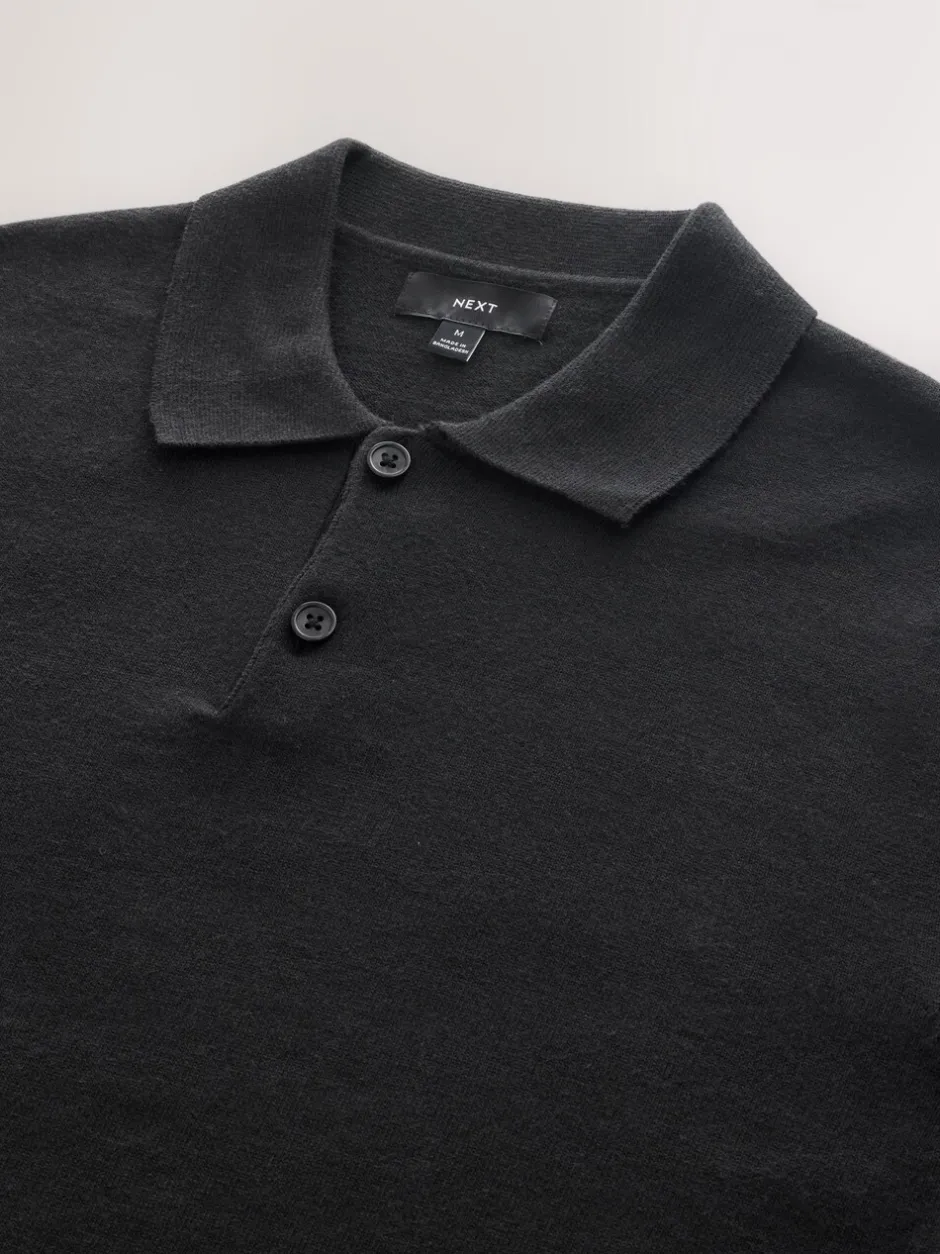 Gebreide Kleding|Poloshirts*Next - Effen - Regular Fit Essential Long Sleeve Knitted Polo Shirt Zwart