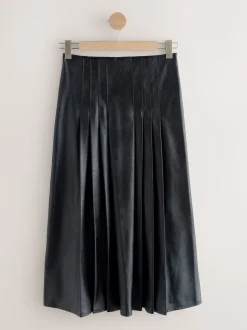 Rokken*Next - Faux Leather Midi Kilt Skirt Zwart