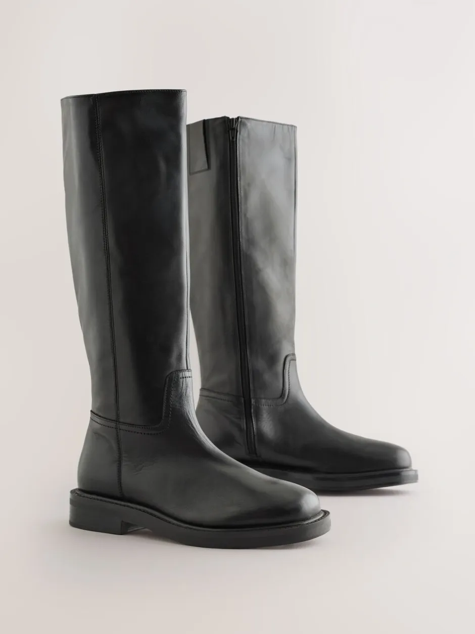 Ruimvallend En Extraruimvallend|Boots|Next - Forever Comfort® leren kniehoge laarzen met ronde neus en plateauzool Zwart