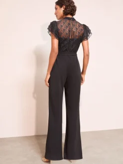 Jumpsuits En Playsuits*Friends Like These - jumpsuit van kant en scubamix met ruches aan de mouwen Zwart