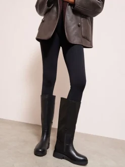 Boots*Friends Like These - Faux Leather Casual Flat Pull On Knee High Long Riding Boots Zwart