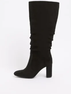 Boots*Friends Like These - Ruched Block Heel Knee High Long Faux Suede Boots Zwart