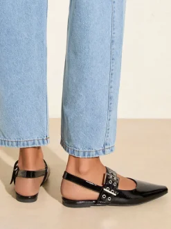 Lage Schoenen*Friends Like These - Buckle Slingback Pointed Toe Faux Patent Leather Ballerina Shoes Zwart