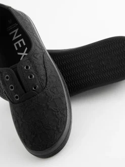 Sneakers*Next - Geborduurde veterloze canvas instapsneakers Zwart