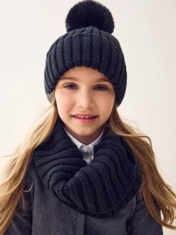 Mutsen, Handschoenen En Sjaals*Next Zwart - Geribbelde beanie-muts met pompon (3mnd -16jr)