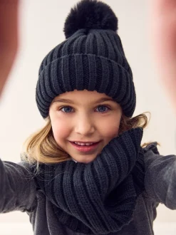 Mutsen, Handschoenen En Sjaals*Next Zwart - Geribbelde beanie-muts met pompon (3mnd -16jr)