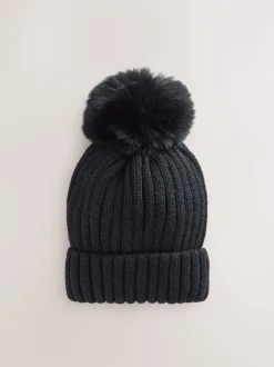 Mutsen, Handschoenen En Sjaals*Next Zwart - Geribbelde beanie-muts met pompon (3mnd -16jr)