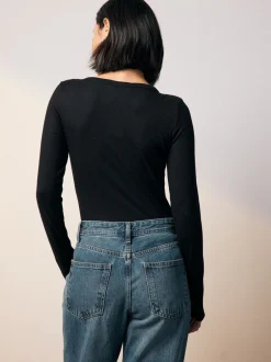 Tops En T-Shirts|Next - Geribbelde Henley-bodysuit met lange mouwen Zwart
