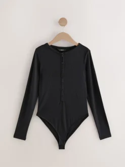 Tops En T-Shirts|Next - Geribbelde Henley-bodysuit met lange mouwen Zwart
