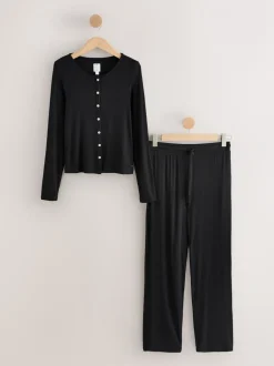 Pyjama's|Next - Geribbelde pyjama met lange mouwen Zwart