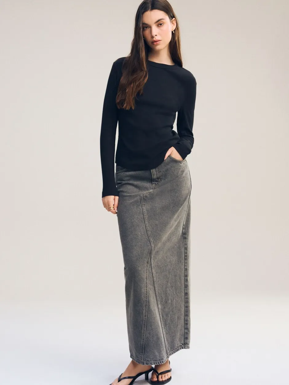 Tops En T-Shirts|Next Zwart - Geribbelde top met ronde hals en lange mouwen