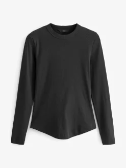 Tops En T-Shirts|Next Zwart - Geribbelde top met ronde hals en lange mouwen