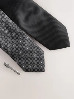Stropdassen En Pochets|Next Zwart - Gestructureerde clipstropdassen 2 set