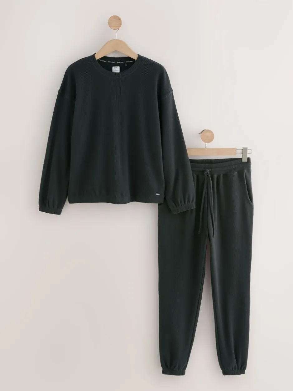 Pyjama's|Loungewear*Next Zwart - Gezellige pyjama met wafeldessin en lange mouwen