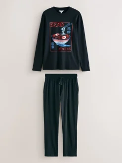 Pyjama's|Loungewear|Next - Graphic Long Sleeve Jersey Pyjamas Set Zwart