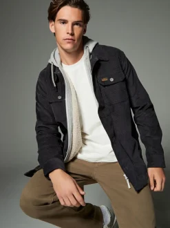Jassen En Jacks|Next - Hooded Corduroy Borg Lined Shacket Zwart
